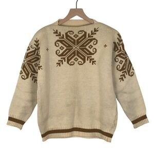 VTG 60s SKITIQUE Japan Nordic Snowflake 100% Wool‎ Ski Sweater Sz S Ivory Brown